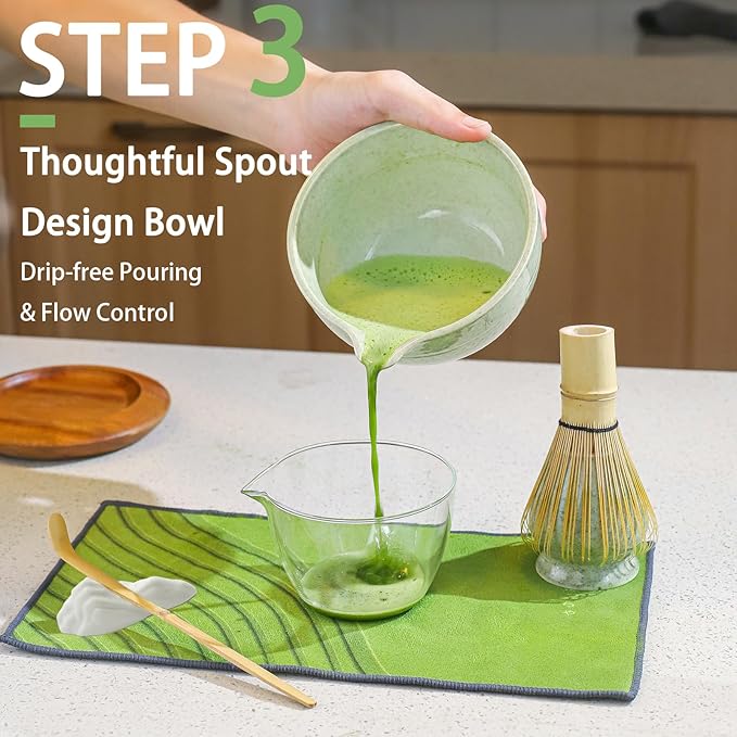 Matcha Whisk Set, 7 Pcs Matcha Set Includes Bowl, Whisk, Holder, Sifter, Bamboo Scoop, Spoon Rest and Tea Towel - Matcha Kit for Matcha Lovers (Mottled Green)