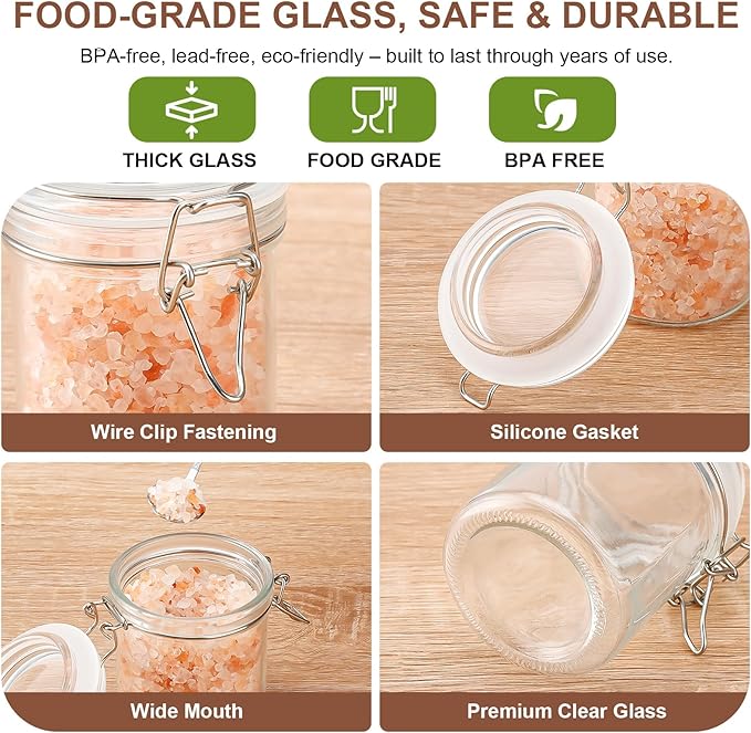 Small Glass Jars with Lids 8 oz, Airtight Clamp Lid Glass Storage Jars, Thick Lead-Free Glass Containers for Pantry Organization, Jam, Yogurt, Overnight Oats, Food Storage