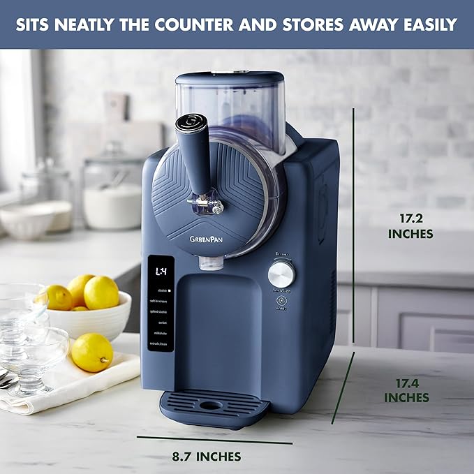 GreenPan Frost Ice Cream Maker & Slushie Machine, Soft Serve, Sorbet, Margaritas, Milkshakes, Frozen Yogurt, No Pre-Freezing, Ready in 15 Mins, 6 Modes, 7 Textures, Self-Cleaning, Family Size, Blue