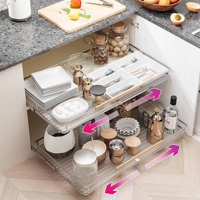 SUZLON Pull Out Cabinet Organizer, Expandable(20.9"~37.9") Cabinet Drawers Slide Out, Adjustable Width Roll 0ut Shelf Cabinet Organizer for Kitchen Base Cabinet Organization (X-Large, 1Pack)