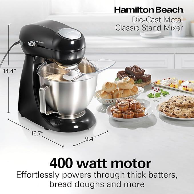 Hamilton Beach Die-Cast Metal Classic Electric Stand Mixer, 12 Speeds, 4.5-Quart Stainless Steel Bowl, Includes Flat Beater, Whisk, Dough Hook & Pour Shield, Powder-Coated Black Finish (63227N)