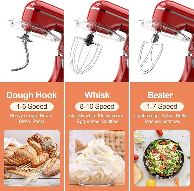 CEBORY 3-IN-1 Electric Stand Mixer, 6.5QT Bowl 660W 10-Speed Kitchen Mixer, Household Food Mixers include Dough Hook, Beater and Whisk, Bread Cake Mixer for Baking and Most Home Cooks, Red