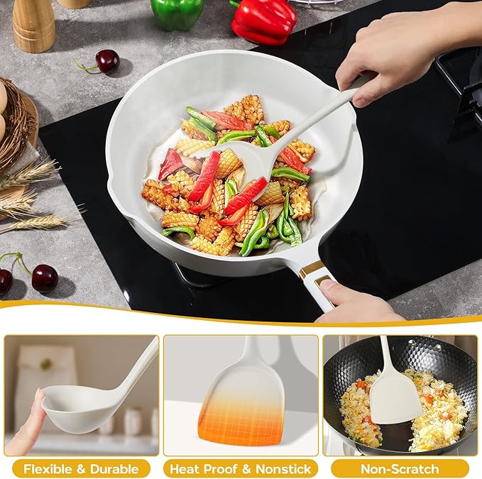 Onader Silicone Cooking Utensils Set, 6 Pieces Kitchen Utensils for Cooking, White Kitchen Utensils Gadget Set of Nonstick Cookware