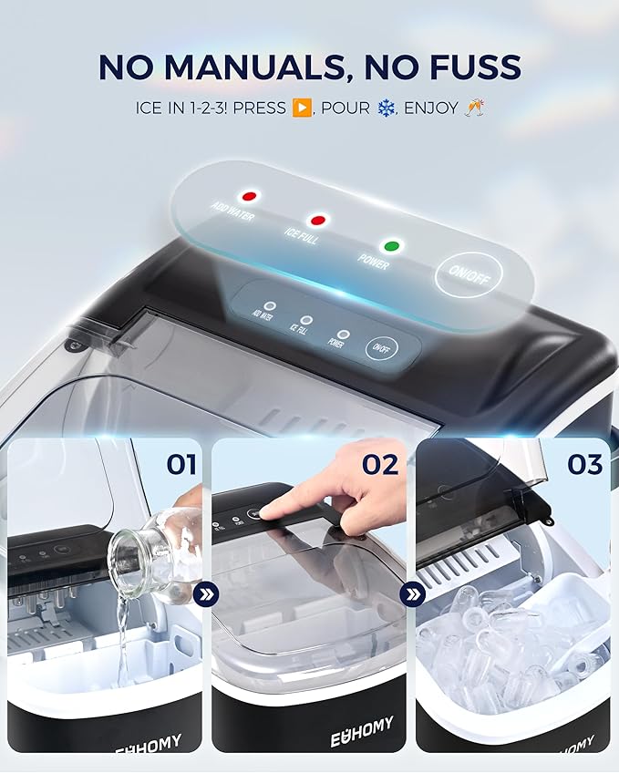EUHOMY Countertop Ice Maker Machine with Handle, 26.4lbs in 24Hrs, 9 Ice Cubes Ready in 6 Mins, Self-Cleaning Portable Ice Maker with Basket and Scoop, for Home/Kitchen/Camping/RV. (Black)