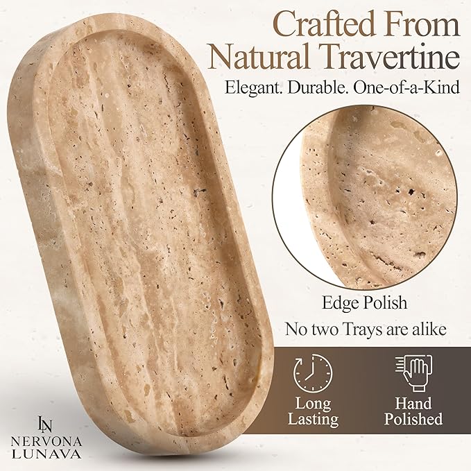 LUNAVA Travertine Tray for Bathroom Counter – Marble Tray for Kitchen Counter, Hand-Polished Natural Stone Caddy for Vanity, Sink, or Dresser, 9.8"x4.7"in, Beige
