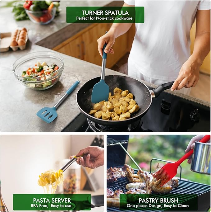 HOTEC 446°F Heat Resistant Silicone Kitchen Utensils, Cooking Utensil Set, Spatula Set, BPA Free, Kitchen Gadgets, Utensils Holder, Dishwasher Safe, 14pcs Multicolor