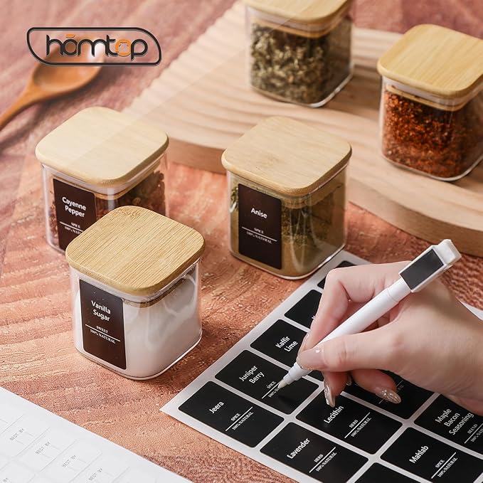 12Pcs 9oz Spice Jars Glass Container with 275 Labels, Airtight Seasoning Empty Organizer with Bamboo Lid Set for Food Storage, Salt, Sugar