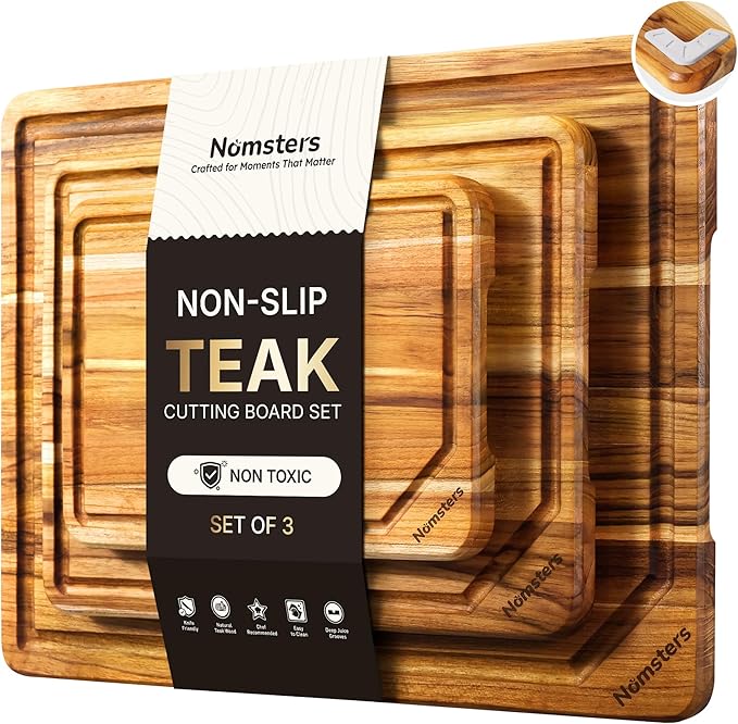 3 Pack Teak Wood Cutting Board Set Non Slip Over Sink Charcuterie Board Serving Heavy Duty Non Toxic Wooden Chopping Board Thick Haus Easy-Grip Handles Ideal Kitchen Gift for Home Cooks