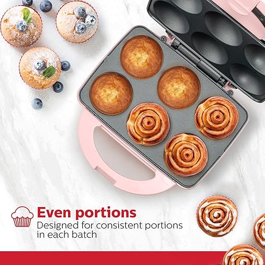 Holstein Housewares Non-Stick 6-Count Electric Cupcake Maker Machine – Bakes 6 Cupcakes, Muffins, Pizza Cups, Cinnamon Buns – Perfect for Gifts, Birthdays, Holidays, or Bake Sales, Pink