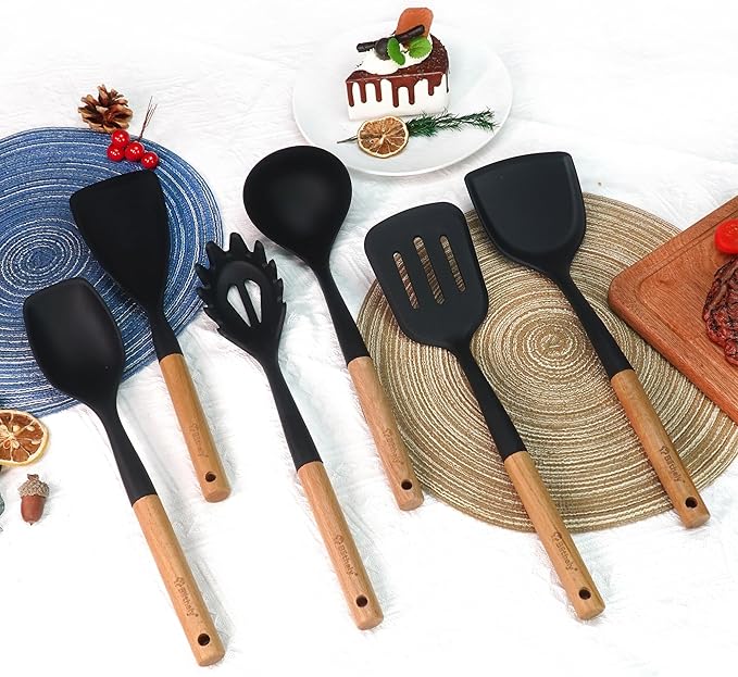Large Silicone Kitchen Utensils Set, 6 PCS Nonstick Cooking Utensils Set with Wooden Handle, Heat Resistant and BPA Free Silicone Utensil Spatula Set for Cooking with Turner, Spoon and Ladle(Black)