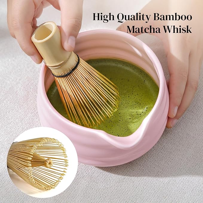 DOWAN Matcha Whisk Set, 7 Pcs Matcha Set Includes Bowl with Spout, Whisk and Holder, Bamboo Scoop and Holder, Sifter and Tea Towel - 7 Pcs Matcha Kit Gift for Lovers Beginners, Christmas (Pink)