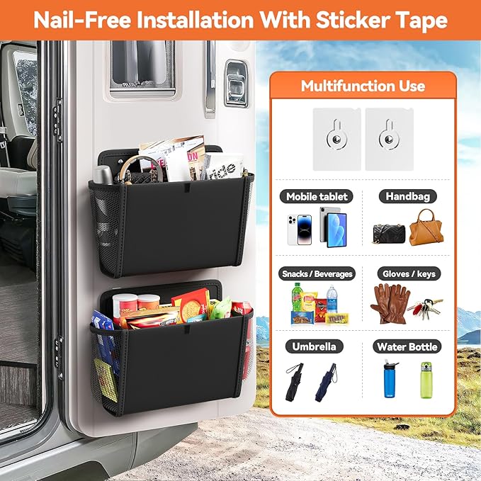 Wall Hanging Storage Organizer, Wall Pocket Hanging Bag with Large Pockets & Sticky Adhesive Tape Wall Mounted Storage Door organizer for RV Camper Kitchen Office Black