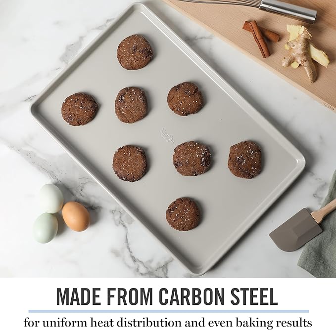 Martha Stewart Gallen 17 x 11 Inch Nonstick Carbon Steel Cookie Sheet – Cool Grey, Durable Bakeware for Even Baking and Easy Cleanup