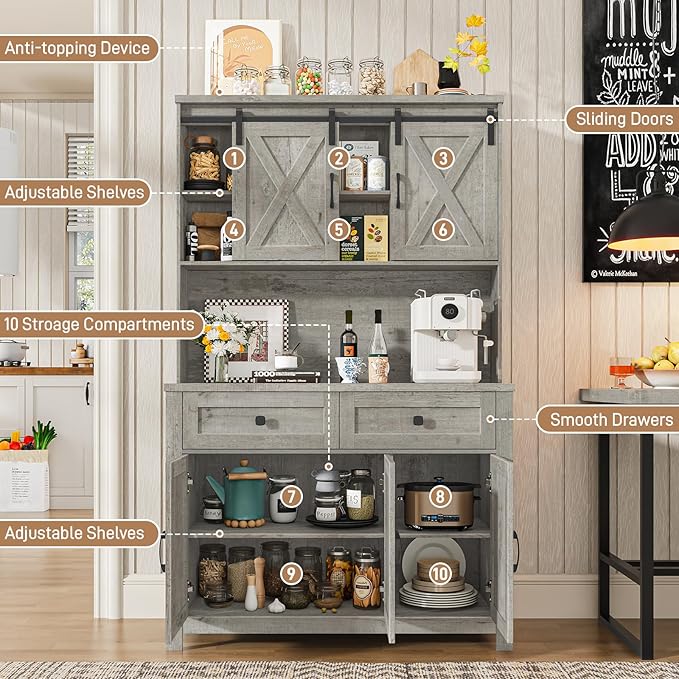 67.7 Inch Farmhouse Pantry Storage Cabinet with Sliding Barn Doors, 2 Drawer Farmhouse Coffee Cabinet with Adjustable Shelf, Side Board with Buffet Cupboard Livingroom Kitchen, Grey