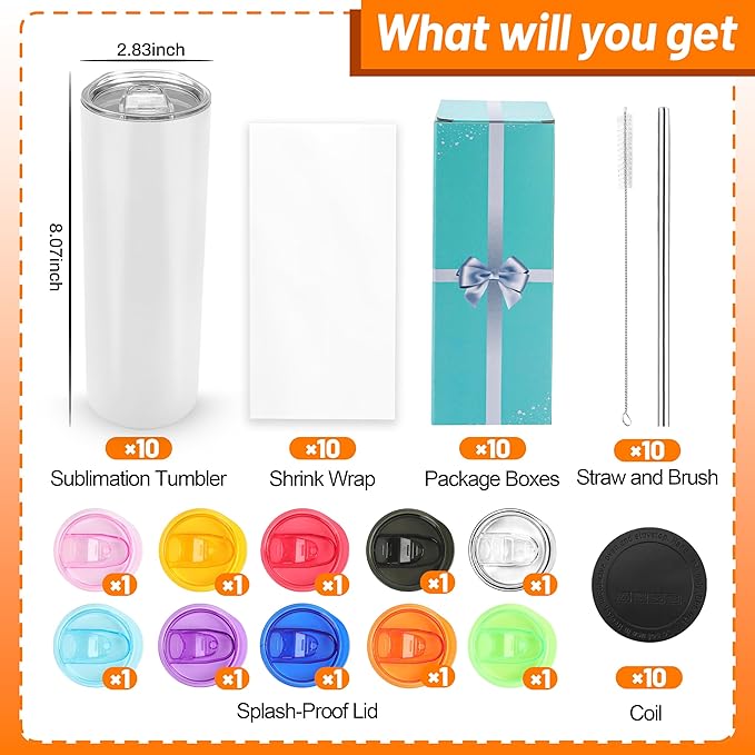 Joyclub 20oz Sublimation Tumblers Sublimation Cups with Straw for Heat Press Flat Edge Skinny Straight SublimationTumbler Colorfull Lids 10 pack