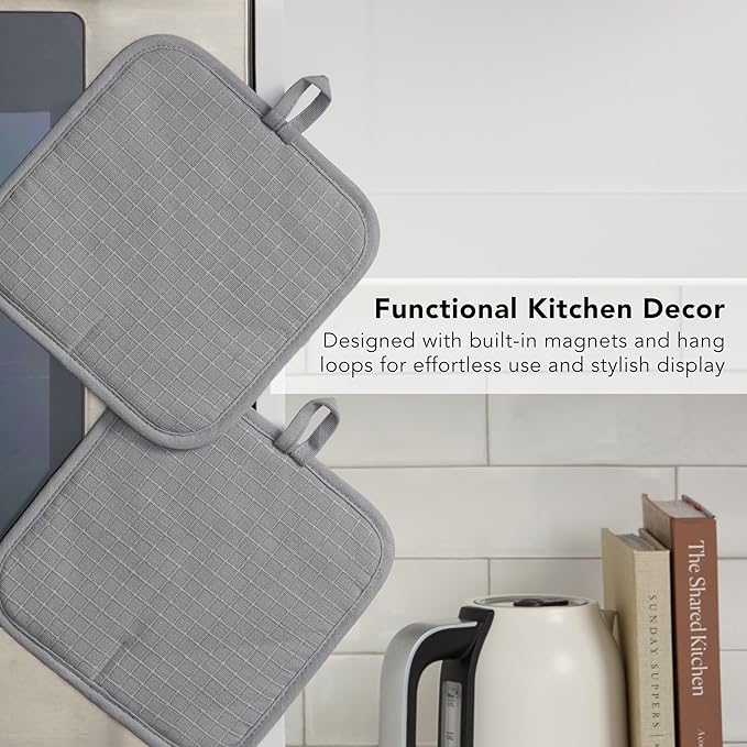 KITCHENAID Gourmet Series Gridlines Pot Holders 2-Pack Set, Heat Resistant up to 600°F, Soft Silicone Grip, Magnetic Cuff, Matte Grey, 8"x8"