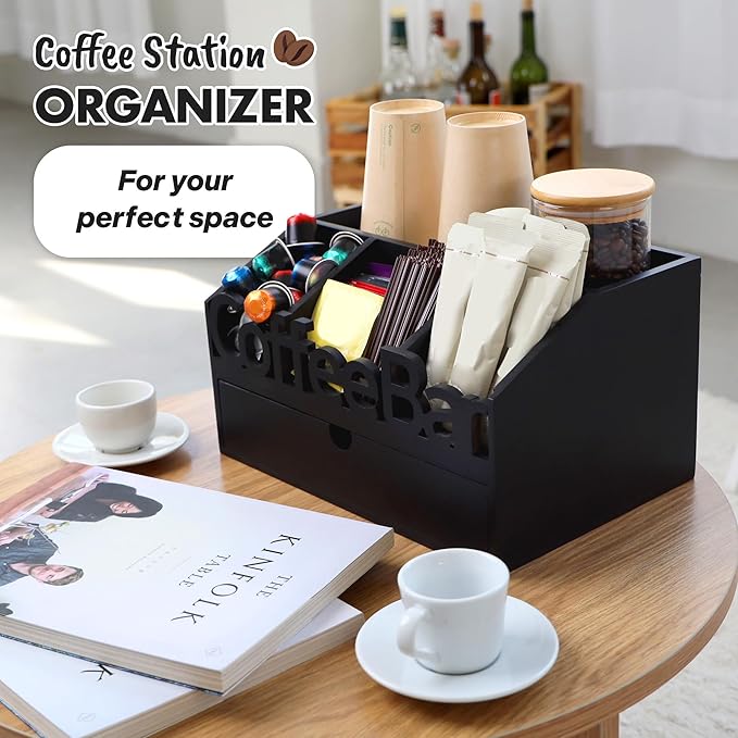 Coffee Bar Organizer for Countertop - Wooden Coffee Organizer Condiment Station, Coffee Station Organizer for Home & Office, K Cup Stand for Counter, Tea Box - Black Drawer Type