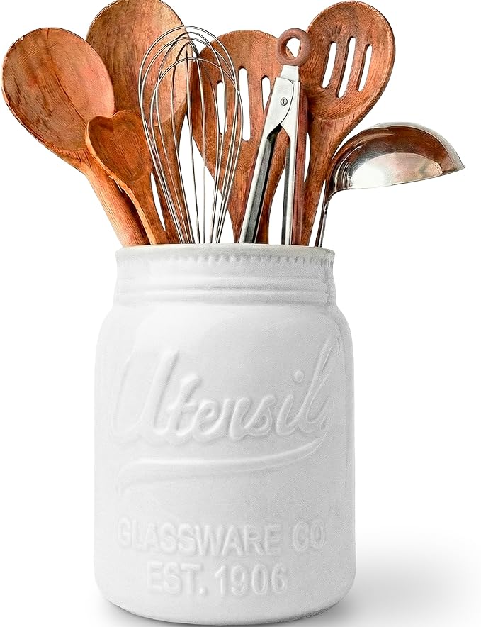 Comfify Wide Mouth Mason Jar Utensil Holder Decorative Kitchenware Organizer Crock - Perfect Cookware Gift - White, Large Size 5.4x6.75