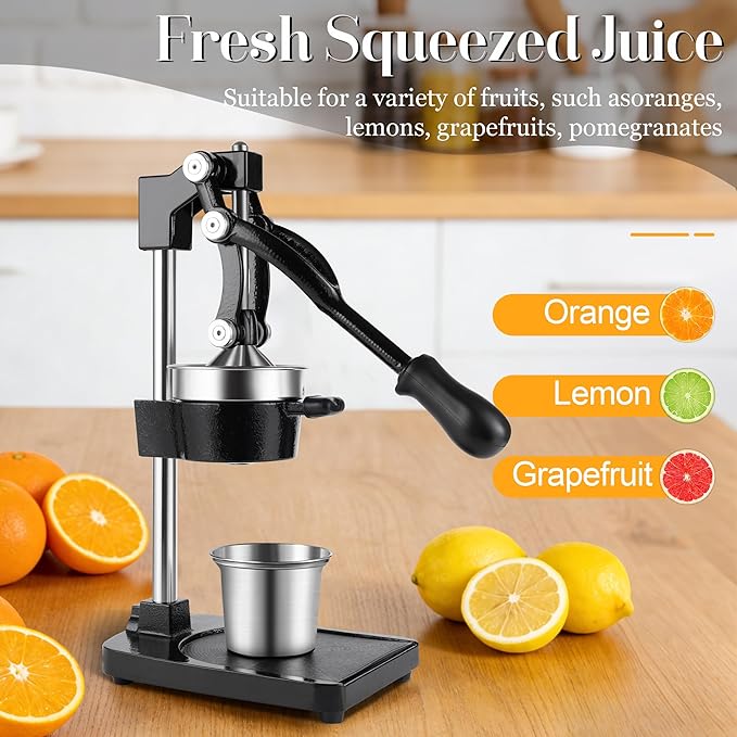 Cast Iron Manual Juicer Hand Press, Lemon Squeezer, Commercial-Grade Citrus Press Suitable for Oranges, Lemons, Limes, and Pomegranates Easy to Clean Includes Stainless Steel Cup, Black