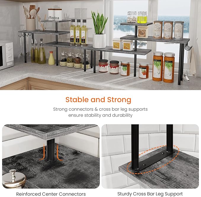 Homode Kitchen Countertop Organizer, 3 Tier Corner Shelf Bathroom Counter Organizer, Wooden Counter Shelf Stand Space Saver, Easy Assembly, Rustic Grey