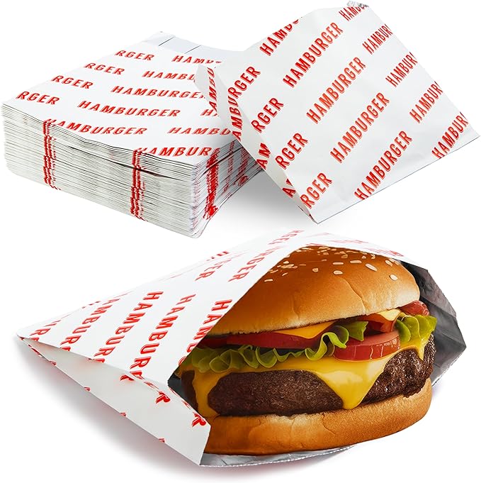 Retro, Grease Proof Burger Wrappers 10Pk. Insulated, Pro Quality Bulk Hamburger Bags are BPA Free. Large, Allergen Friendly BBQ Foil Paper Great Cooking Supply for Themed Party