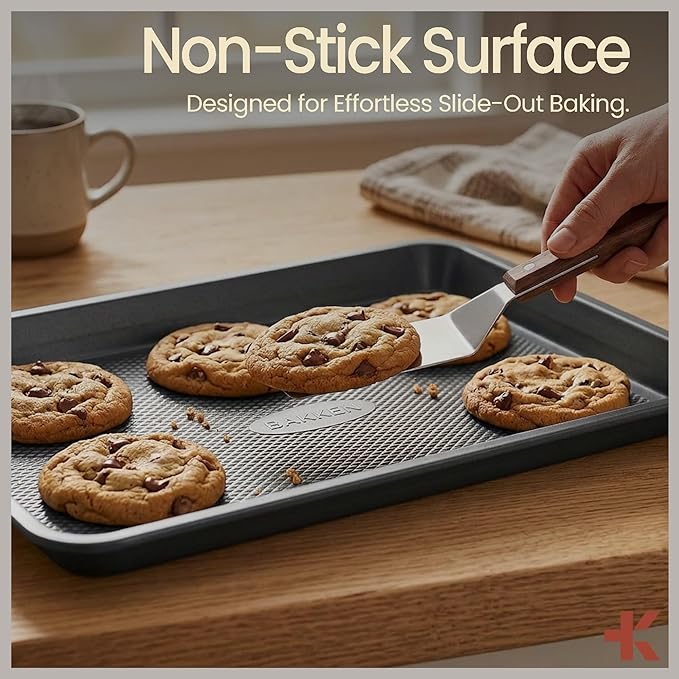 BAKKEN Kitchen Baking Pans - Nonstick Gray Coating, 13.58’’ × 9.65’’ Commercial Grade Carbon Steel Cookie Sheet, Diamond Texture Bottom, PFOA, PFOS, PTFE Free, Oven Safe Tray (450°F), Gray