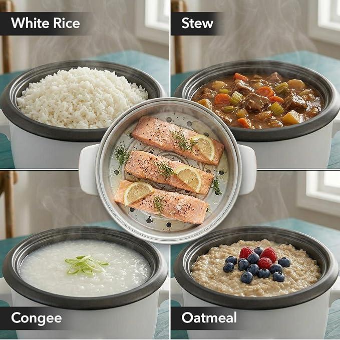 OVENTE Electric Rice Cooker and Food Steamer – 10-Cup Cooked Capacity (5 Cups Uncooked), Nonstick Removable Pot, Keep Warm Function, Steaming Basket, Measuring Cup & Spatula Included, White RCS01W