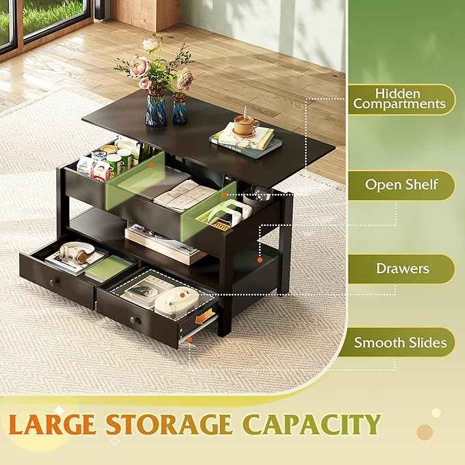 WLIVE Coffee Table, Lift Top Coffee Table with 2 Drawers, Large Hidden Compartment and Open Storage Shelf, Lift Tabletop, Dining Table for Living Room, Black