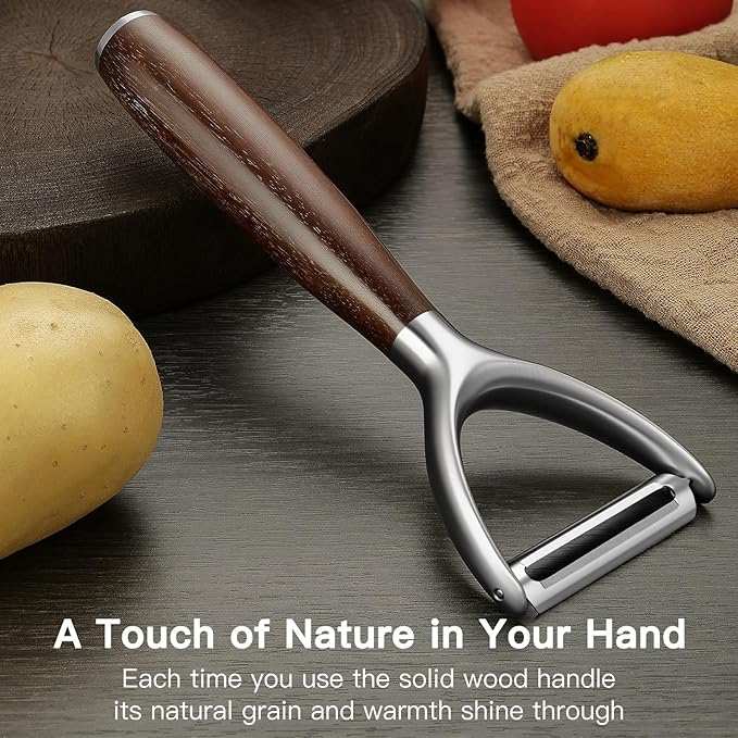 JUSEEPO Premium Vegetable Peeler, Y Type Swivel 304 Stainless Steel Blade Comfortable Solid Wood Handle, Practical gift for the home kitchen mom grandma for Veggie, Fruit, Potato(Charred Wood)