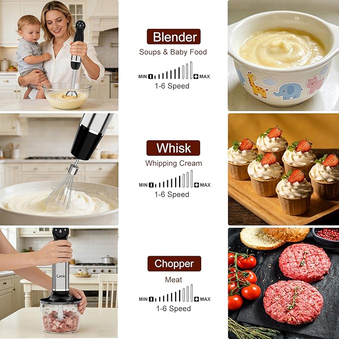 Cordless Immersion Blender Hand Blenders Set,Variable Speed 4 in 1 Stick Emulsifier with Chopper and Whisk for Soup, Baby Food and Smoothies,Black