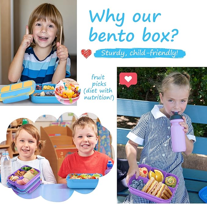 QQKO Bento Lunch Box for Kids Girls Boys, Toddler Kids Lunch Boxes for School, Lunch Containers for Adults with 4 Compartments, Sauce Container, Utensils, Food Picks and Muffin Cups, Blue
