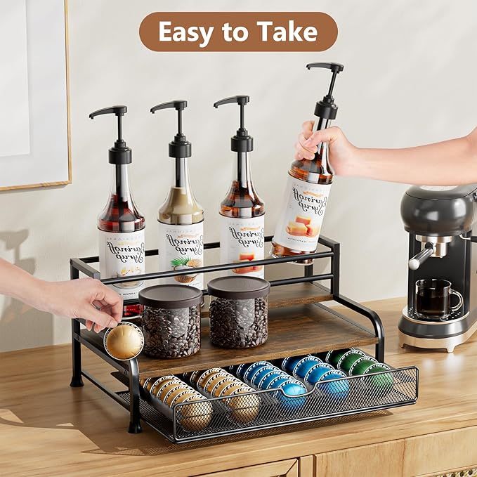 Coffee Syrup Rack Organizer, 3-Tier 8 Bottles Syrup Rack with Pod Holder Drawer for Nespresso Pods, Holds up to 30 Big or 40 Small Capsules, Countertop Coffee Bar Organizer for Kitchen Cafe