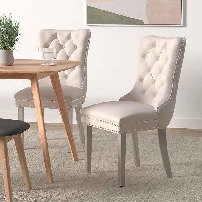 Dining Room Chairs Set of 4, Velvet Upholstered Dining Chairs with Back Ring Pull Trim and Sliver Stainless Steel Legs,Modern Dining Chair Perfect for Dining Room,Living Room,Kitchen(Beige)