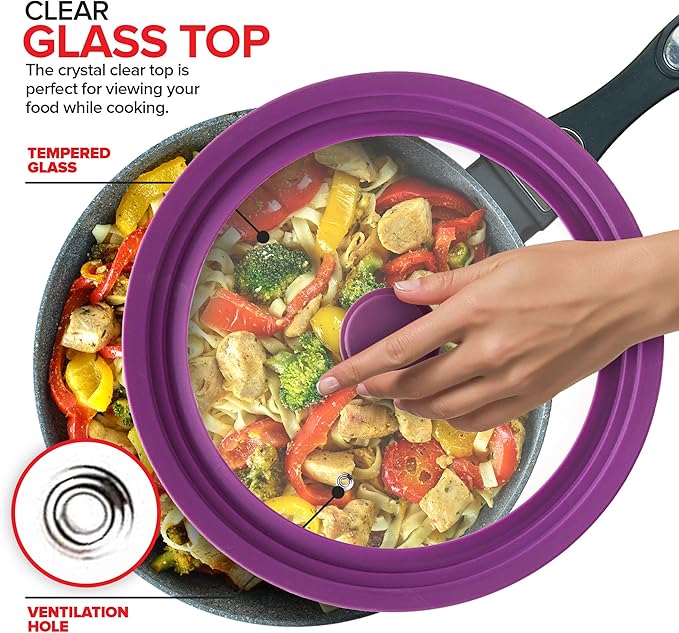 Modern Innovations Universal Lids (Set of 2) Fits 7 to 12-Inch Cookware, Silicone Replacement Pan Lid, Glass Top Covers for Skillets, Pots, Frying Pans, Cast Iron - Lavender