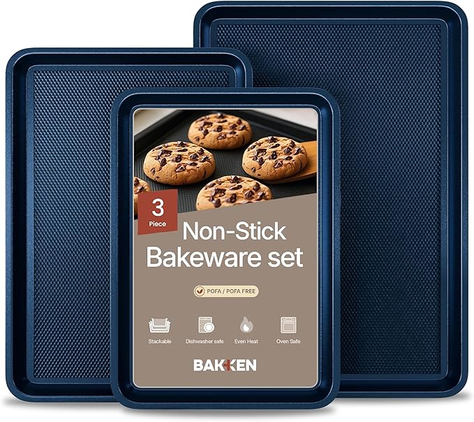 BAKKEN Kitchen Baking Pan - Small, Medium, and Large Cookie Sheet (13.58×9.65, 15.75×11, 17.91×12.60), Nonstick, Diamond Texture Bottom, PFOA, PFOS, PTFE Free, Oven Safe Tray (450°F), Pack of 3, Blue