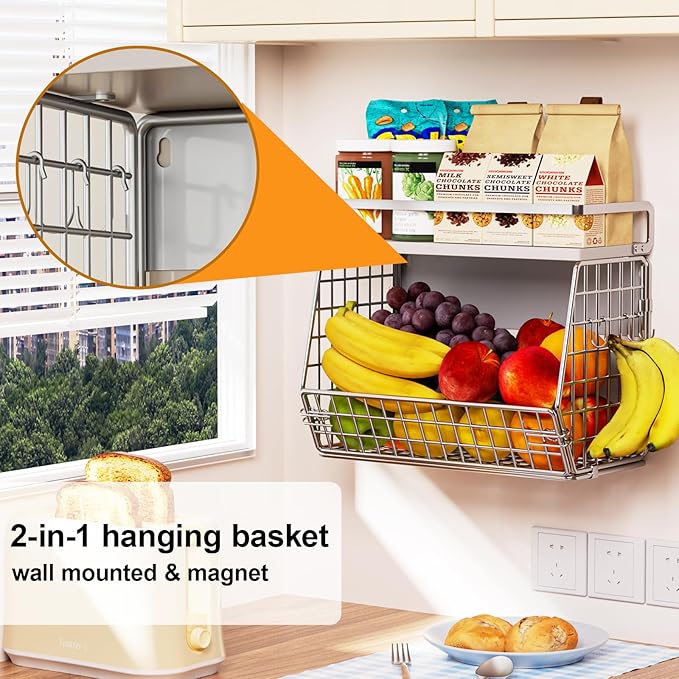 Wire Fruit Basket 2 IN 1 Magnetic & Hanging Wall Produce Basket with Spice Rack for Potato Onion Vegetable Storage for Pantry,Kitchen Countertop and Fridge Organizer