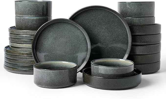 Famiware Star Stoneware Dinnerware Sets for 6 (24pcs), Chip and Scratch Resistant, Microwave & Dishwasher Safe Complete Dishes, Pasta Bowl, Cereal Bowl, Dinner Plate, Salad Plate, Ribbed, Deep Forest
