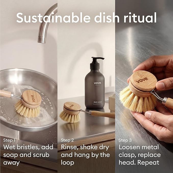 Vove Bamboo Dish Brush Replacement Heads, 4 Pack - FSC-Certified Bamboo - Natural Fiber Bristles - Compatible with Vove Dish Brush - Non-Toxic, Plastic-Free