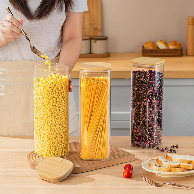 SENTVEND 73 Oz Glass Storage Jars with Bamboo Lids - 3 Pack Clear Glass Canisters Square Airtight Stackable Ideal for Pantry Storage Containers Great for Storing Oats Coffee Beans Pasta Flour Rice etc