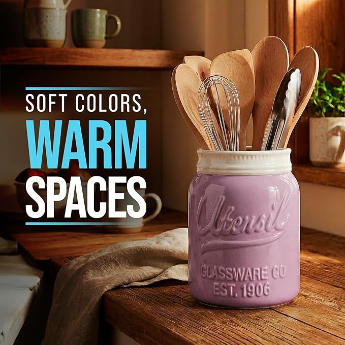 Comfify Wide Mouth Mason Jar Utensil Holder Decorative Kitchenware Organizer Crock, Dishwasher Safe - Kitchen Caddy Purple, Large Size 7" Hight