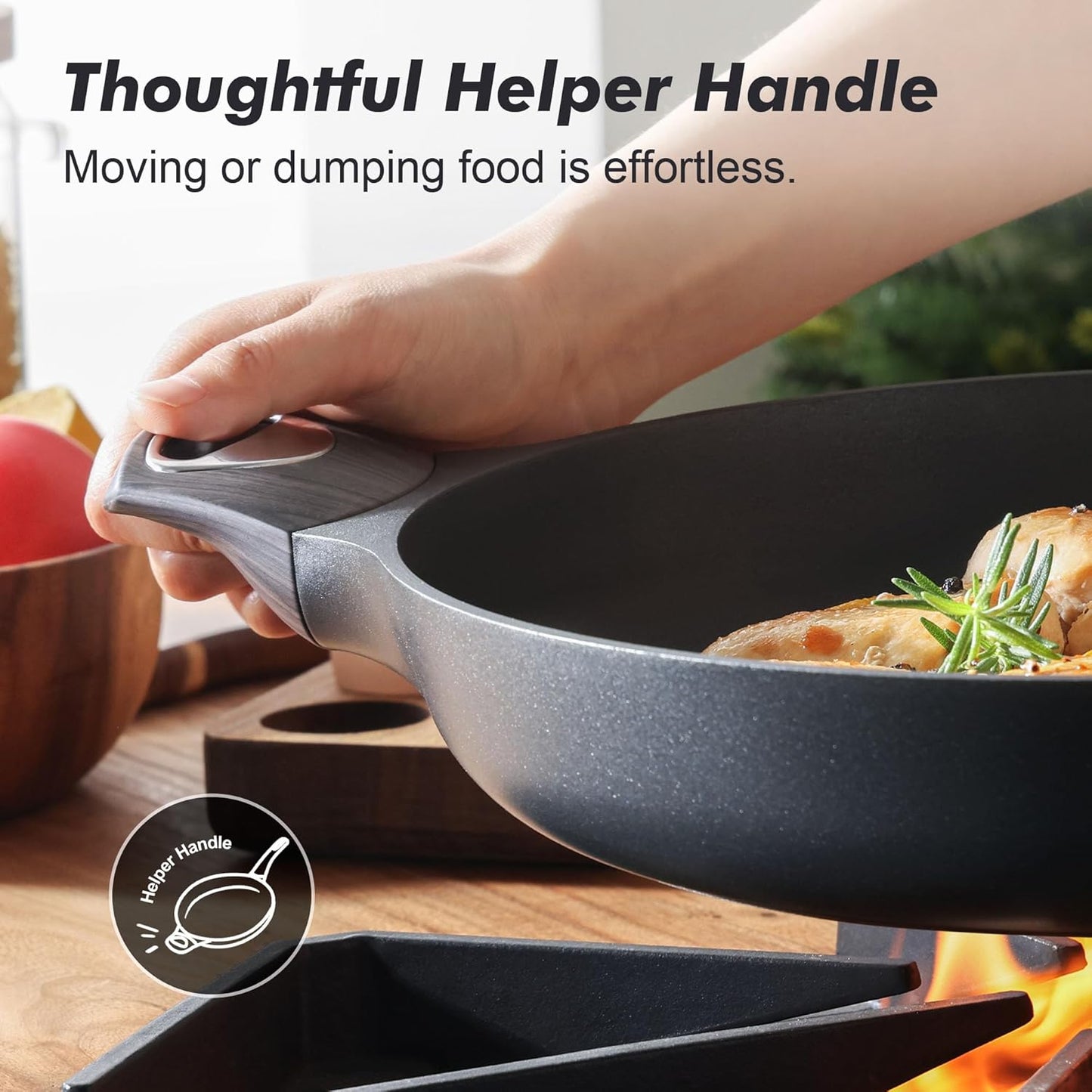 SENSARTE Ceramic Nonstick Frying Pan Skillet with Lid, 12.5 Inch Non Stick Pan Omelette Pans, Healthy Kitchen Cooking Chef's Pan, Free of Intentionally Added PFOA/PFOS, Induction Compatible, Black