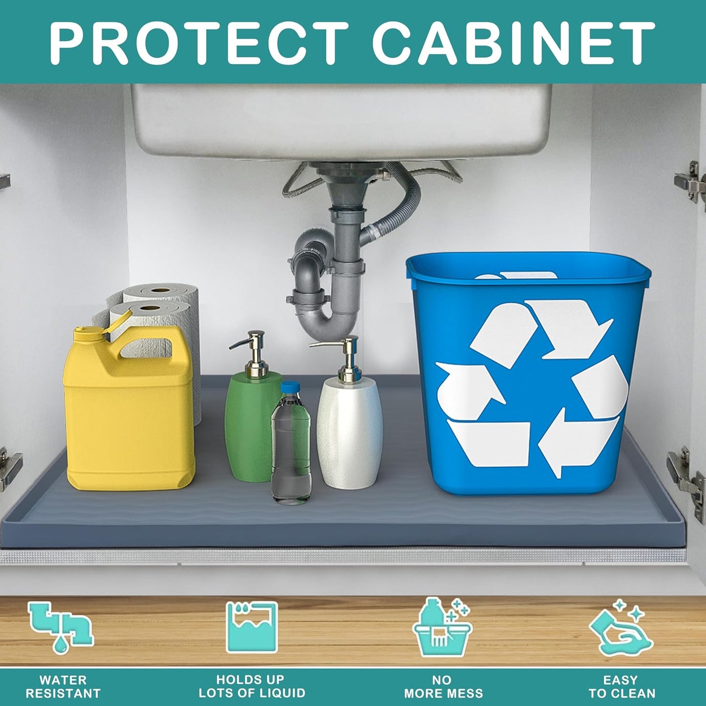 URMONA Waterproof Silicone Under Sink Mat 19'' x 19'' Shelf Liner for Kitchen and Bathroom, Cabinet and Counter Protector, Storage and Organizers, Litter Mat, Pet Cat Puppy Essentials(Black)