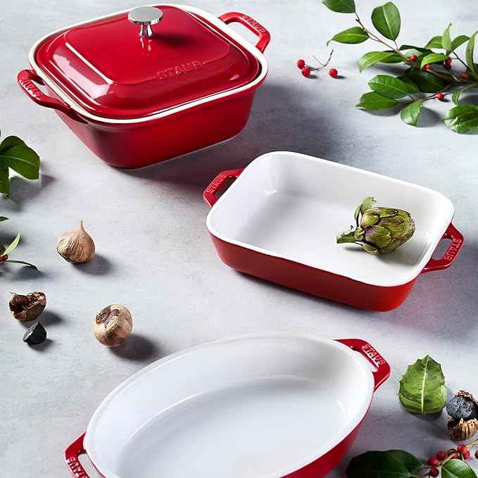 STAUB Ceramic 4-pc Baking Pans Set, Casserole Dish with Lid, Brownie Pan, Cherry