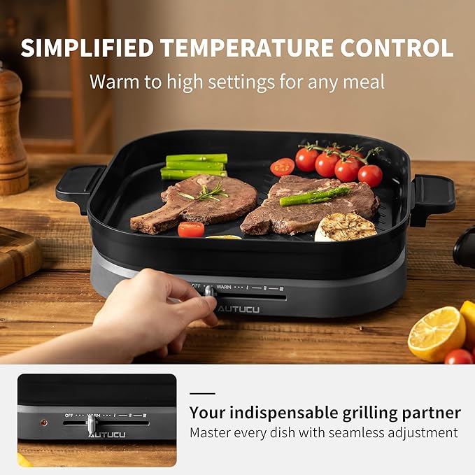 AUTUCU T2NA 2-in-1 Electric Griddle Nonstick Flat Grill, PFOA-Free Ceramic-Coated Surface | Easy to Clean, 1200W, Square 11.3" (Includes Tongs)