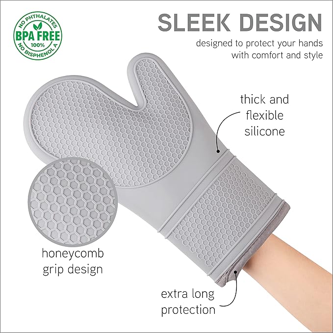 COOK WITH COLOR Silicone Oven Mitts- Heat Resistant Gloves with Soft Quilted Lining Oven Mitt Pot Holders for Cooking and BBQ, Gray, Mitt Set