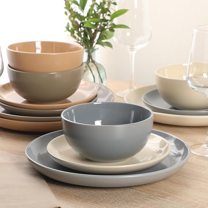 Gibson Home Rockaway 12 Piece Plates and Bowls Matte Outside/Shiny Inside Glaze Service for 4 Dinnerware Set - Assorted Color (Cream, Blue, Beige, Brown) - Dishwasher and Microwave Safe