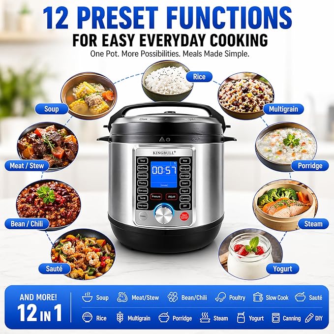 KINGBULL 14-in-1 Electric Pressure Cooker 6 Quart, Stainless Steel Multi Cooker with LCD Display, Slow Cooker, Rice Cooker, Steamer, Sauté, Yogurt Maker, Warmer, DIY Mode, Black