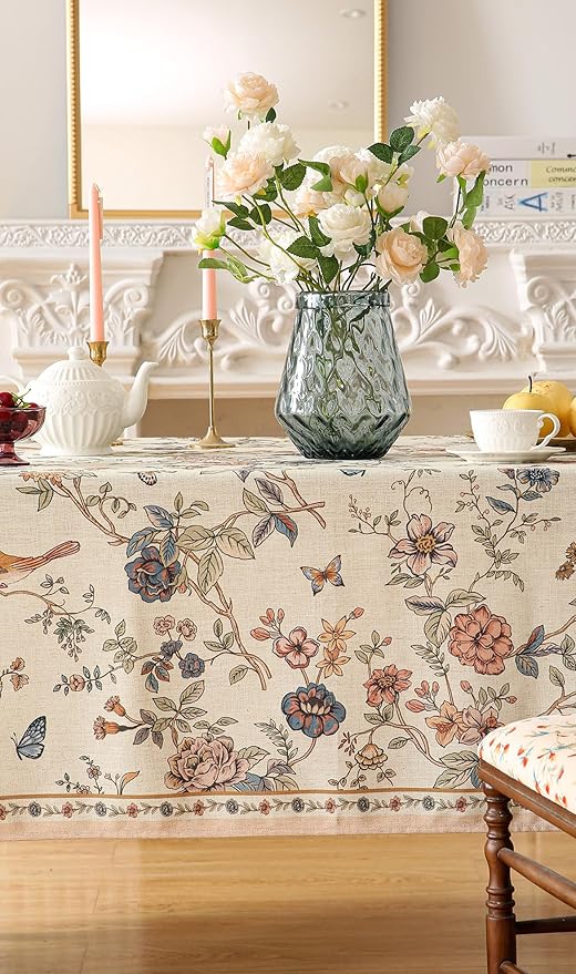 ISAENNE Designer French Light Beige Long Tablecloth Rectangle,Linen Florals and Birds Pattern Table Cloth,Anti-Wrinkle Decorative Tablecloths for Dining Thanksgiving Kitchen,63"*102"-Cornucopia