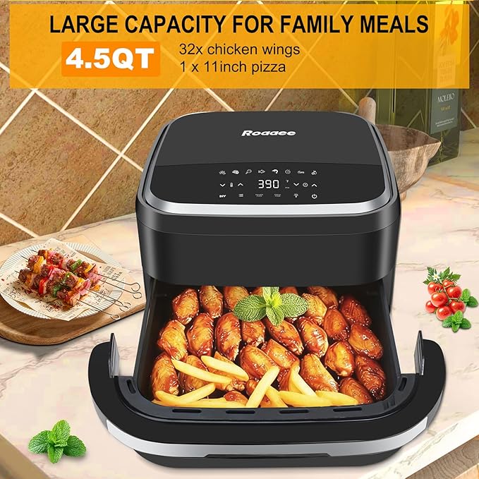 Pizza Oven & Air Fryer, 4.5QT 11-in-1 Flat Airfryer with Superior Top and Bottom Airflow Tech, Digital Display, Large Viewing Window, Grill Plate, Up to 32 Chicken Wings / 11" Pizza Capacity