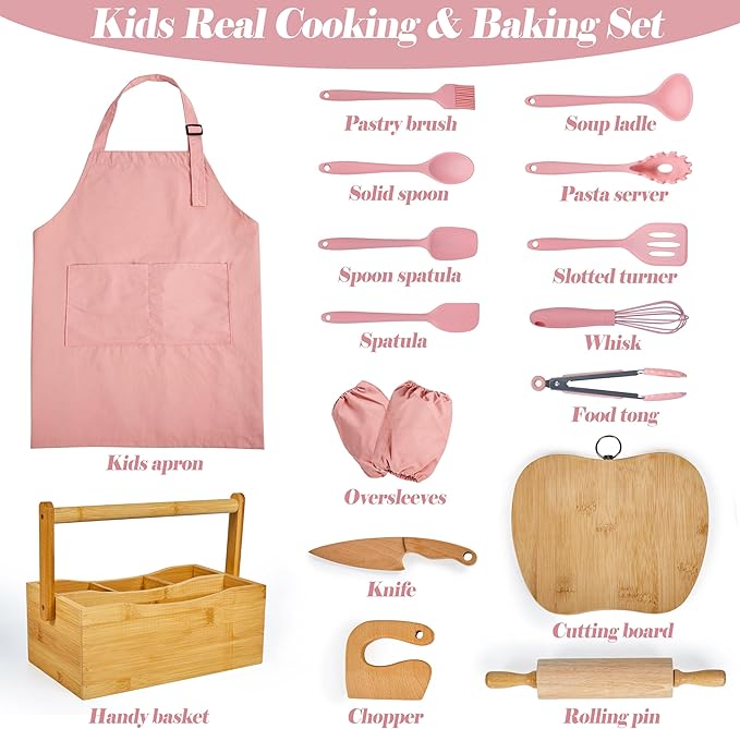 Pulcher Kids Cooking & Baking Sets Real Little Chef Cooking Utensils Kitchen Set Gifts for Girls Boys Juniors with Utensils Cutting Board Kids Safe Knife Rolling Pin Apron Carrying Basket (Coral Pink)